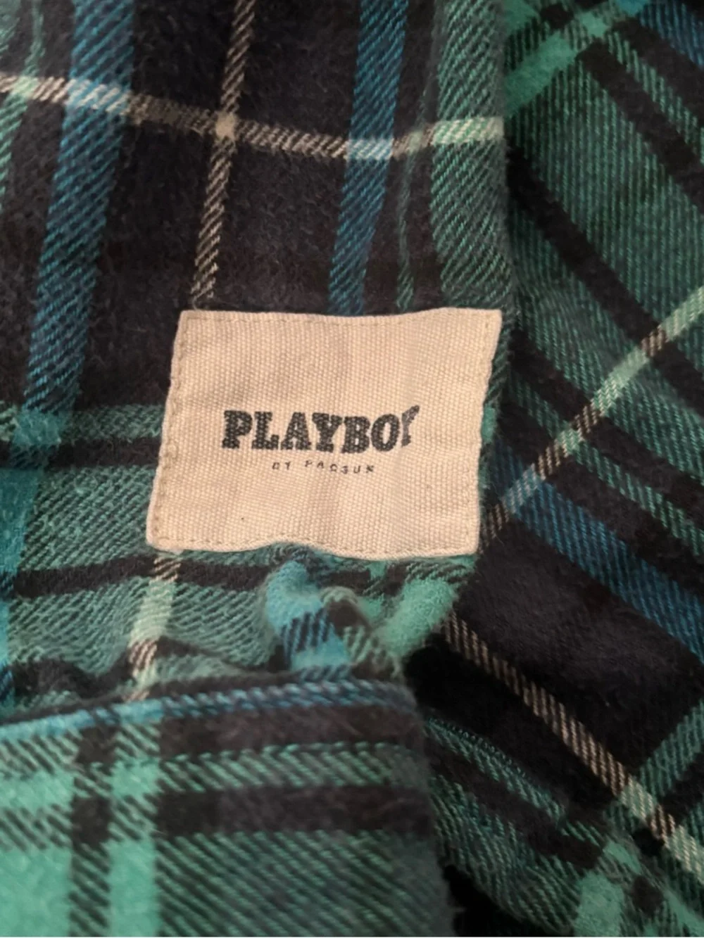 π3 for $10π Playboy x Pacsun Blue and Green Flannel Shirt - Picture 4 of 4